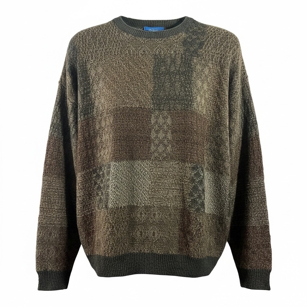 Towncraft Sweater Mens XXL Brown Green Patchwork Crewneck Vintage Knit